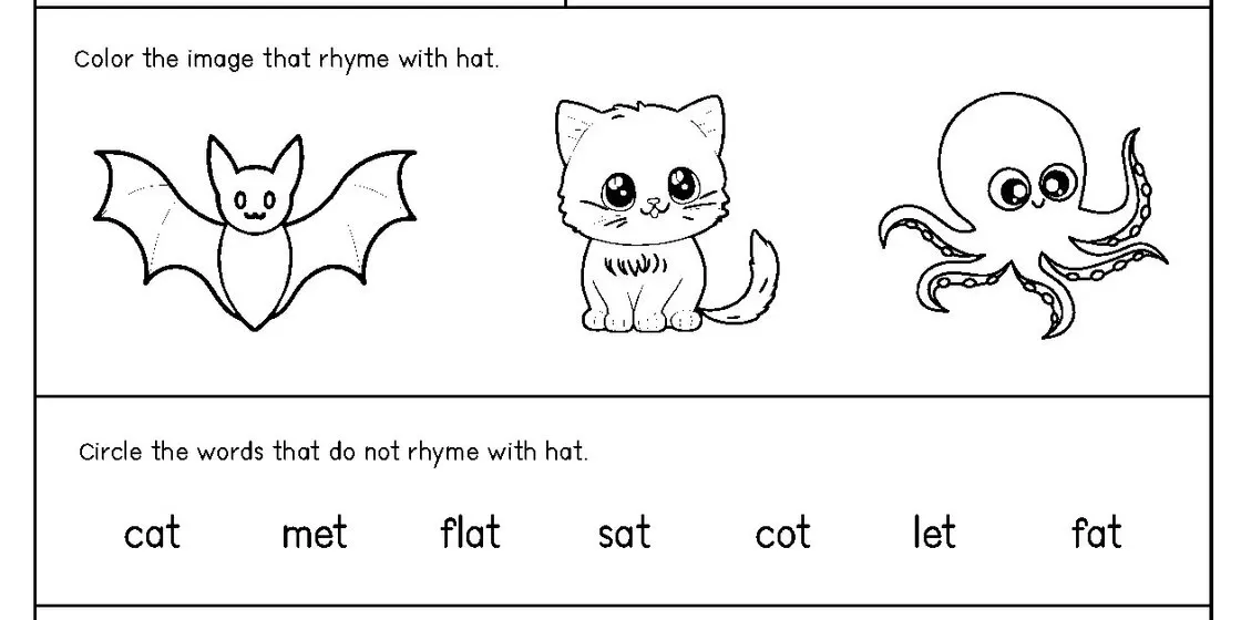 Rhyming Words Worksheet A worksheet with three images: a bat, a cat, and an octopus. Below the images are words: cat, met, flat, sat, cot, let, fat.