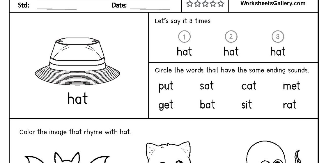 A worksheet with a drawing of a hat and the word 'hat' below it, followed by sections for practicing rhyming words.