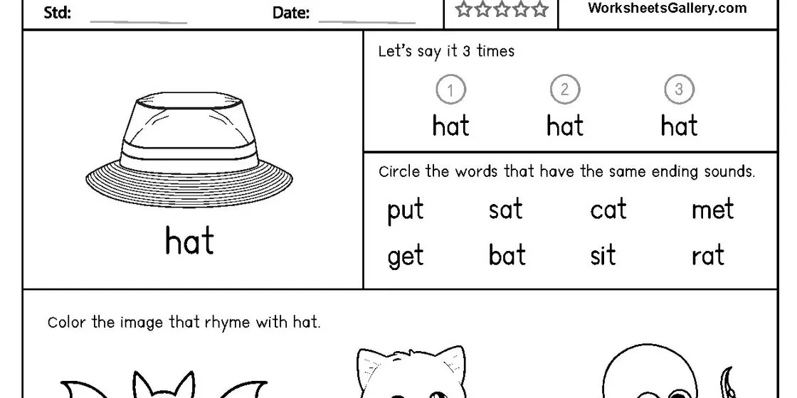 Rhyming Words Worksheet: Hat A worksheet with a drawing of a hat and the word 'hat' below it, followed by sections for practicing rhyming words.