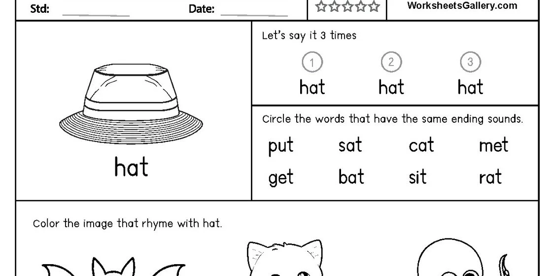 Rhyming Words Worksheet: Hat A worksheet with a drawing of a hat and the word 'hat' below it, followed by sections for practicing rhyming words.