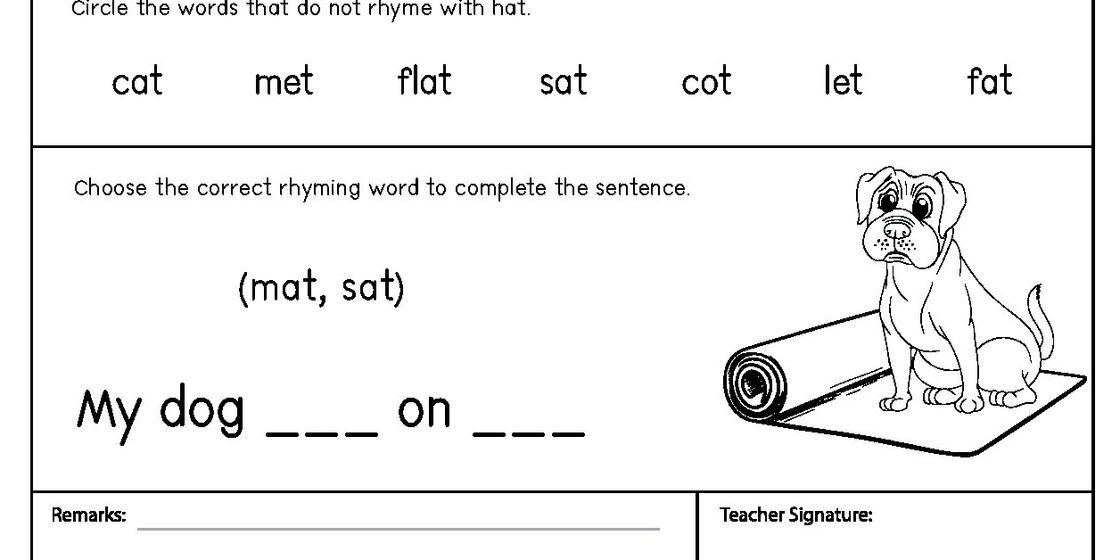 A worksheet with two sections: the top section lists words for rhyming practice, and the bottom section has a sentence with blanks to fill in, accompanied by a drawing of a dog on a mat.