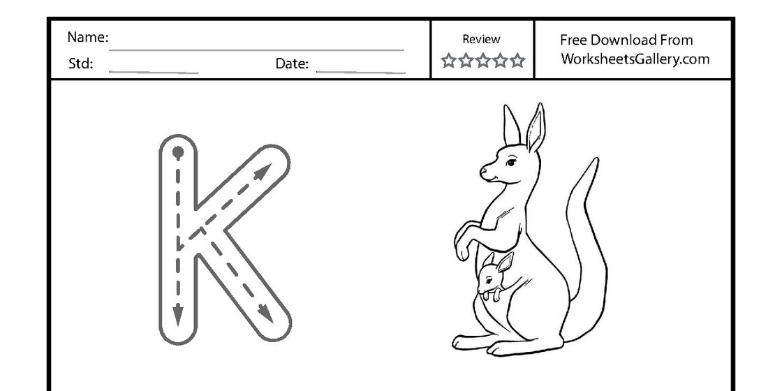 A black and white tracing worksheet for the uppercase letter K featuring a large guide letter with arrows and a kangaroo with its joey. close-up