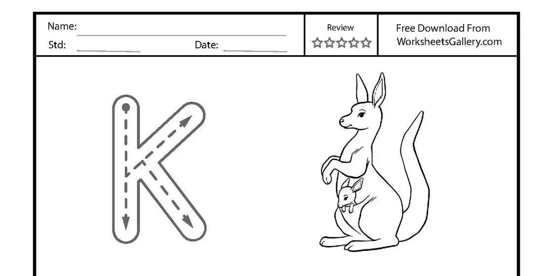 A black and white tracing worksheet for the uppercase letter K featuring a large guide letter with arrows and a kangaroo with its joey. close-up