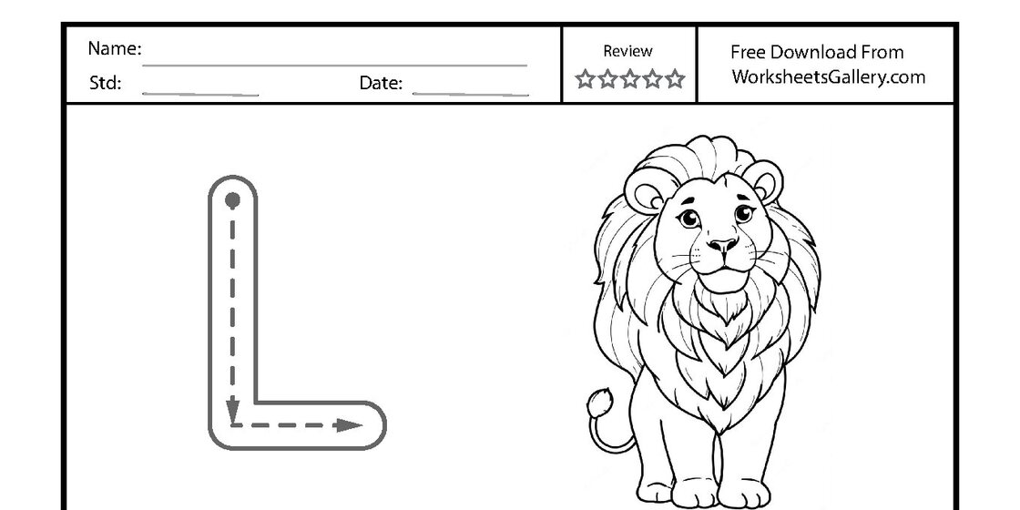 A black and white educational worksheet for tracing the uppercase letter L, featuring a large guide letter with directional arrows and a detailed illustration of a sitting lion. close-up