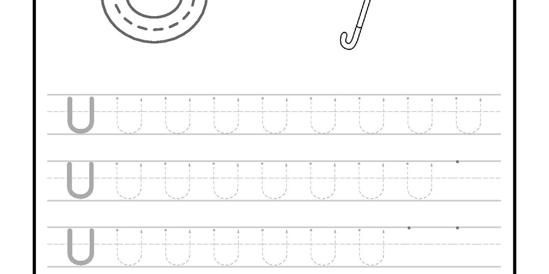 Educational worksheet for uppercase Letter U tracing featuring a large guide letter with directional arrows and an umbrella illustration. close-up