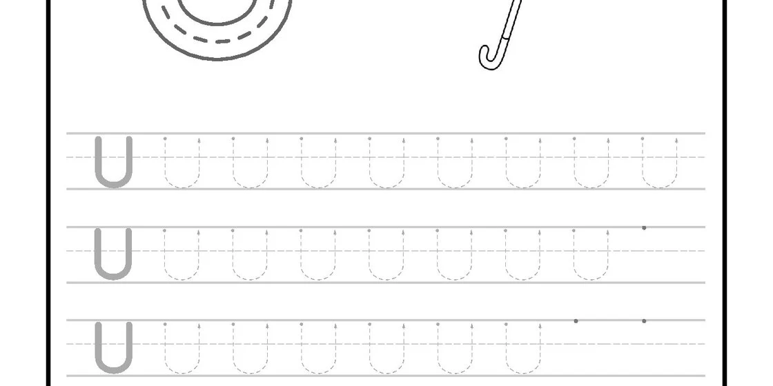Educational worksheet for uppercase Letter U tracing featuring a large guide letter with directional arrows and an umbrella illustration. close-up