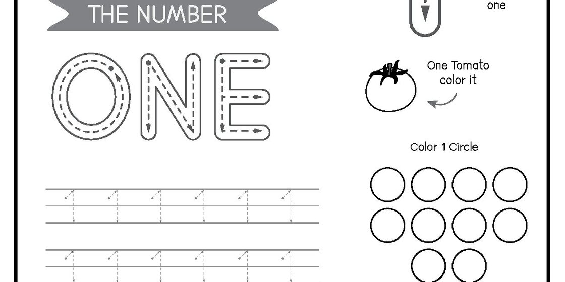 A worksheet for young children featuring the word 'ONE' in large dotted letters for tracing practice, a tomato with the instruction 'One Tomato color it', and a group of circles with the ins