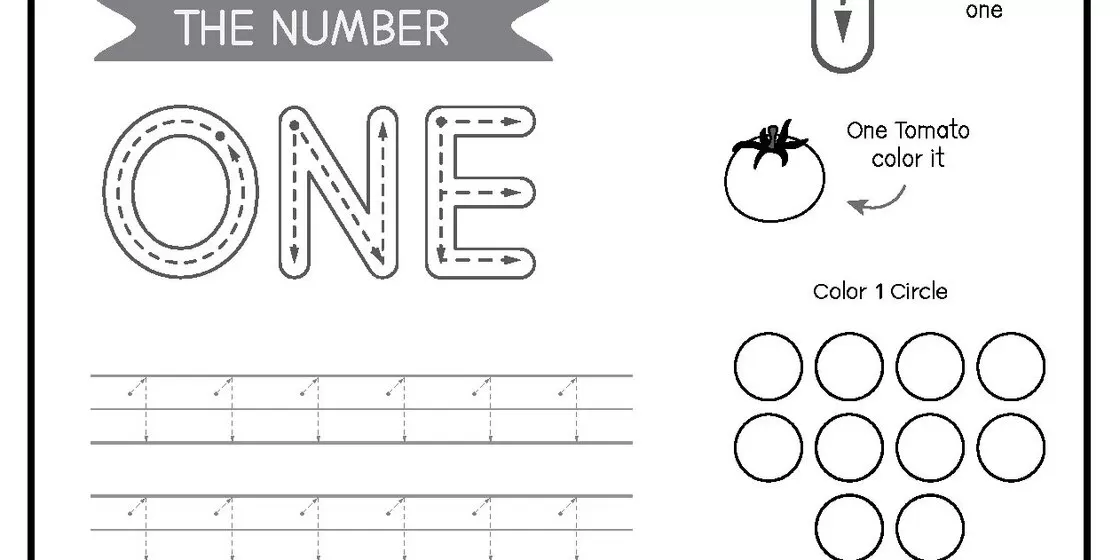 Number One Tracing Worksheet A worksheet for young children featuring the word 'ONE' in large dotted letters for tracing practice, a tomato with the instruction 'One Tomato color it', and a group of circles with the ins