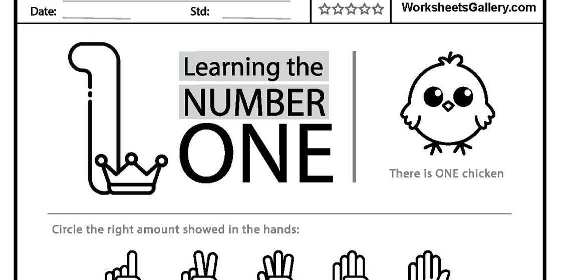 A worksheet for children learning the number one, featuring a large numeral '1' with a crown, the words 'Learning the NUMBER ONE', and a small chicken illustration with the text 'There is ON