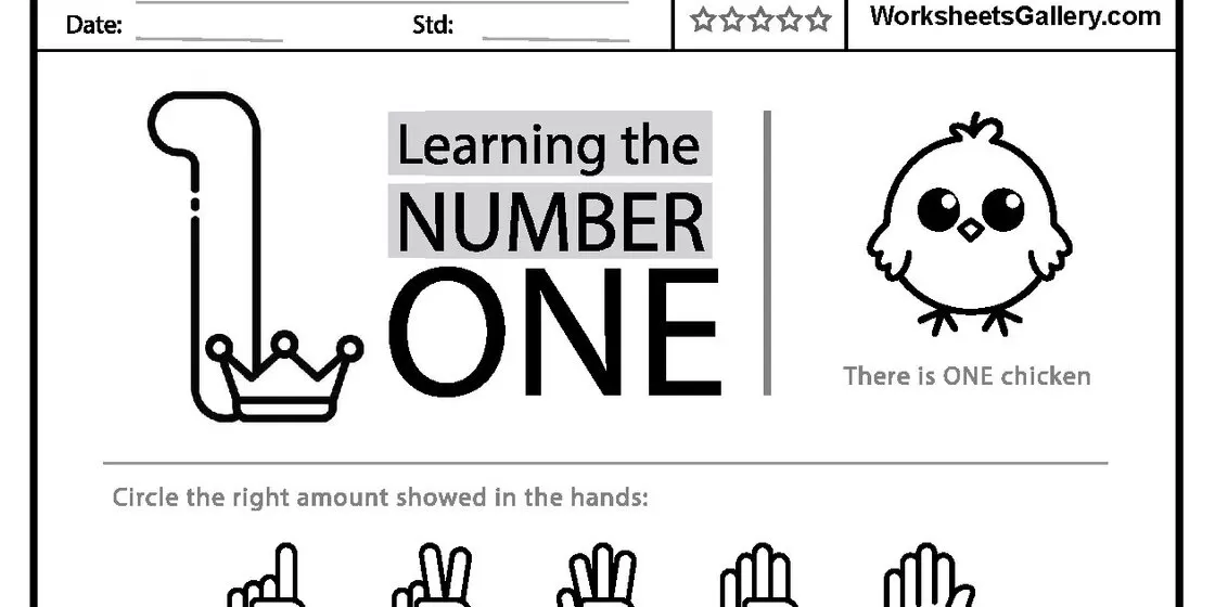 Learning the Number One Worksheet A worksheet for children learning the number one, featuring a large numeral '1' with a crown, the words 'Learning the NUMBER ONE', and a small chicken illustration with the text 'There is ON