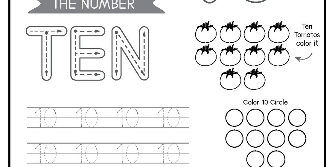 A worksheet for children learning the number ten, featuring the word 'TEN' in dotted letters for tracing, rows of dotted number tens, ten tomatoes to color, and circles to count.
