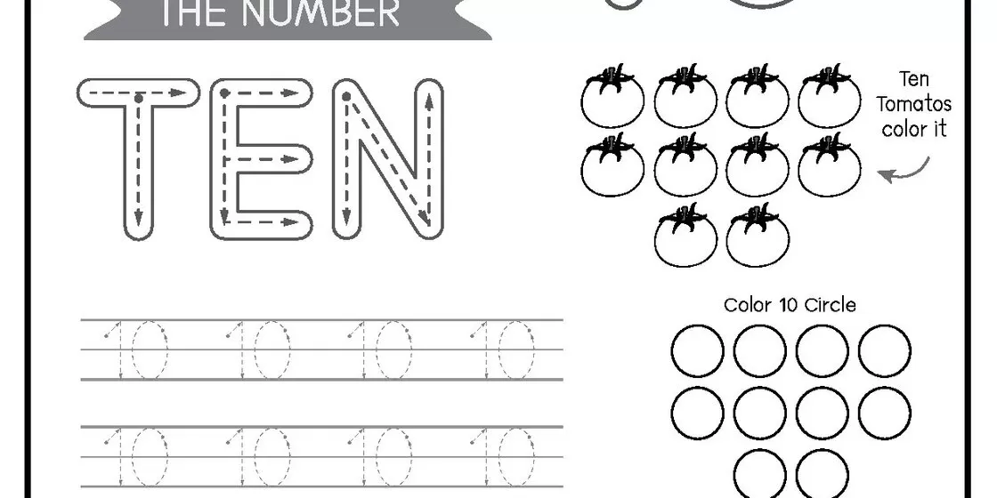 Number Ten Tracing and Activity Worksheet A worksheet for children learning the number ten, featuring the word 'TEN' in dotted letters for tracing, rows of dotted number tens, ten tomatoes to color, and circles to count.