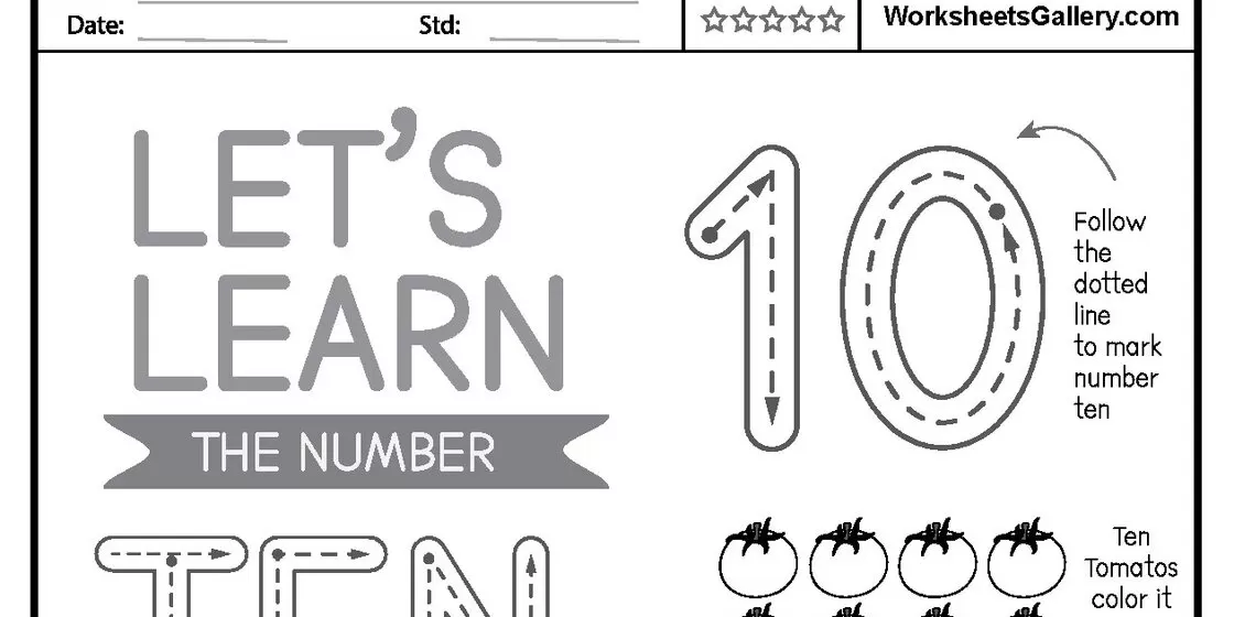Number Ten Tracing Worksheet Worksheet for learning the number ten, featuring the text 'LET'S LEARN THE NUMBER TEN', a large dotted numeral 10 with tracing arrows, and illustrations of tomatoes.
