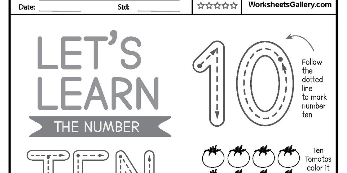 Number Ten Tracing Worksheet Worksheet for learning the number ten, featuring the text 'LET'S LEARN THE NUMBER TEN', a large dotted numeral 10 with tracing arrows, and illustrations of tomatoes.