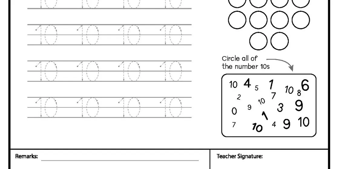 Number 10 Tracing and Identification Worksheet Worksheet with rows of dotted number 10s for tracing practice and a box of scattered numbers for identifying and circling all the 10s.