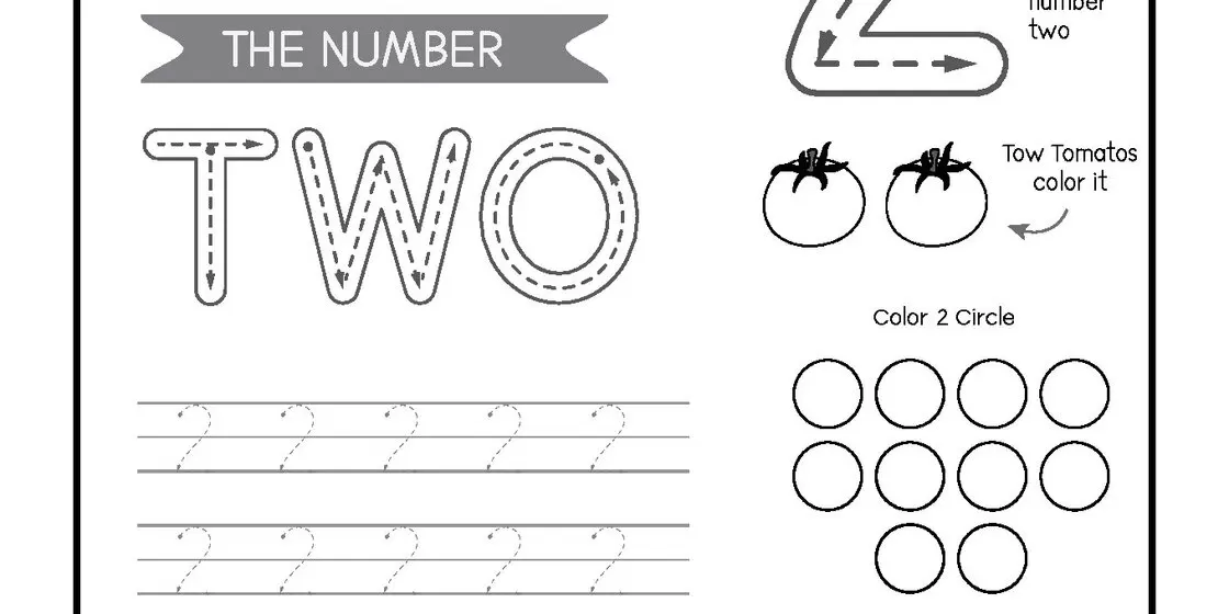 A black and white educational worksheet for number two featuring tracing lines, tomatoes to color, and a number search box. close-up