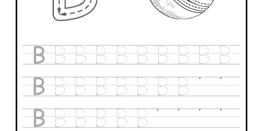 Close-up of a Letter B tracing worksheet section showing dotted letter B's for practice close-up