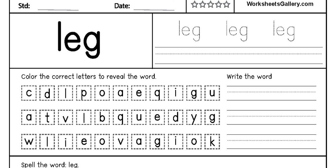 A worksheet section displays the word 'leg' prominently, followed by instructions to color correct letters from a grid and practice writing the word.