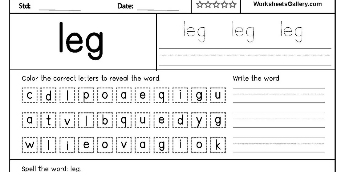 Phonics Worksheet: The Word 'Leg' A worksheet section displays the word 'leg' prominently, followed by instructions to color correct letters from a grid and practice writing the word.