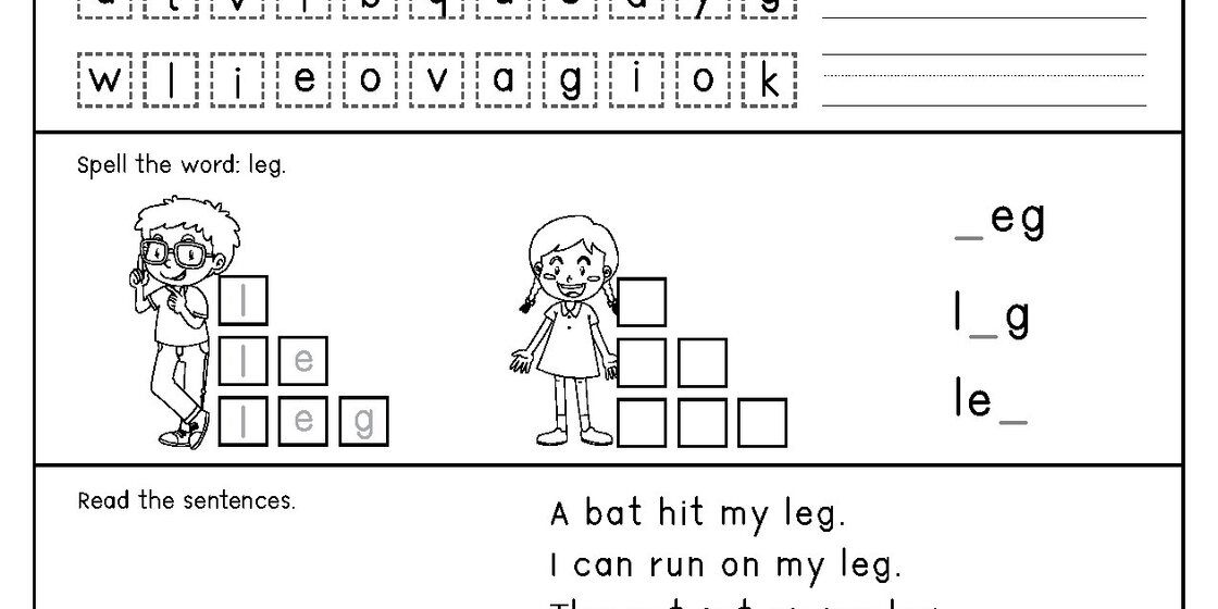 A worksheet section with two children, one boy and one girl, and boxes for filling in letters to spell the word 'leg'. It also includes sentences to read.