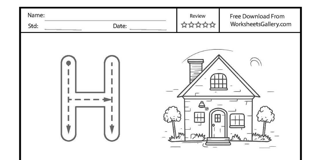 A printable worksheet for tracing the uppercase letter H, featuring dotted lines and directional arrows, accompanied by a charming illustration of a house. close-up