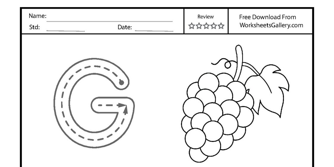 A printable worksheet designed for tracing the uppercase letter G, featuring dotted lines for practice and an illustration of a bunch of grapes. close-up