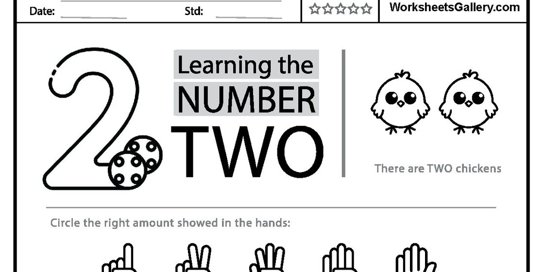 Worksheet page with a large number 2, the words 'Learning the NUMBER TWO', two cartoon chickens, and the phrase 'There are TWO chickens'. Below, it instructs to 'Circle the right amount show