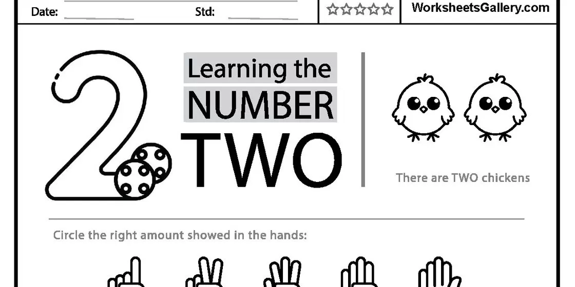 Learning the Number Two Worksheet Worksheet page with a large number 2, the words 'Learning the NUMBER TWO', two cartoon chickens, and the phrase 'There are TWO chickens'. Below, it instructs to 'Circle the right amount show