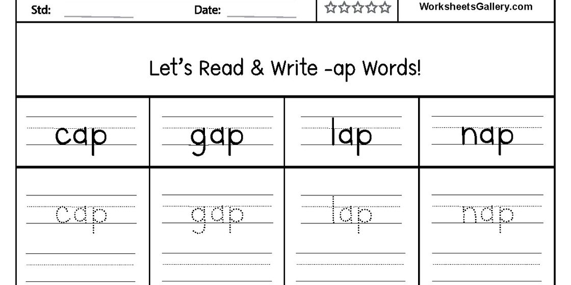 A worksheet with the title 'Let's Read & Write -ap Words!' above four columns. Each column contains the word 'cap', 'gap', 'lap', and 'nap' in a larger font, followed by dotted lines for tra