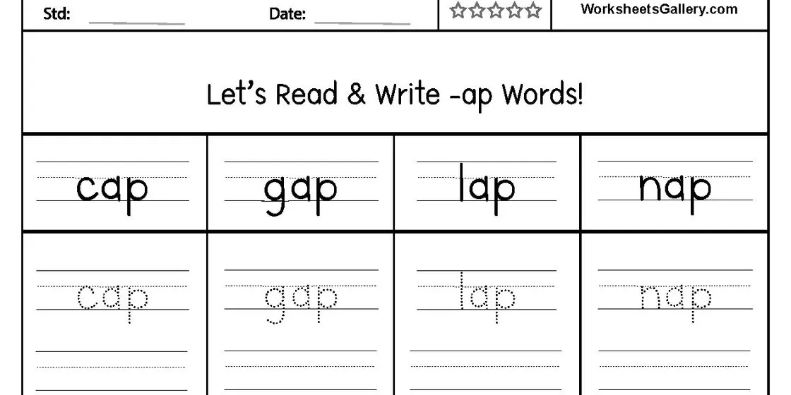 Reading and Writing -ap Words Worksheet A worksheet with the title 'Let's Read & Write -ap Words!' above four columns. Each column contains the word 'cap', 'gap', 'lap', and 'nap' in a larger font, followed by dotted lines for tra