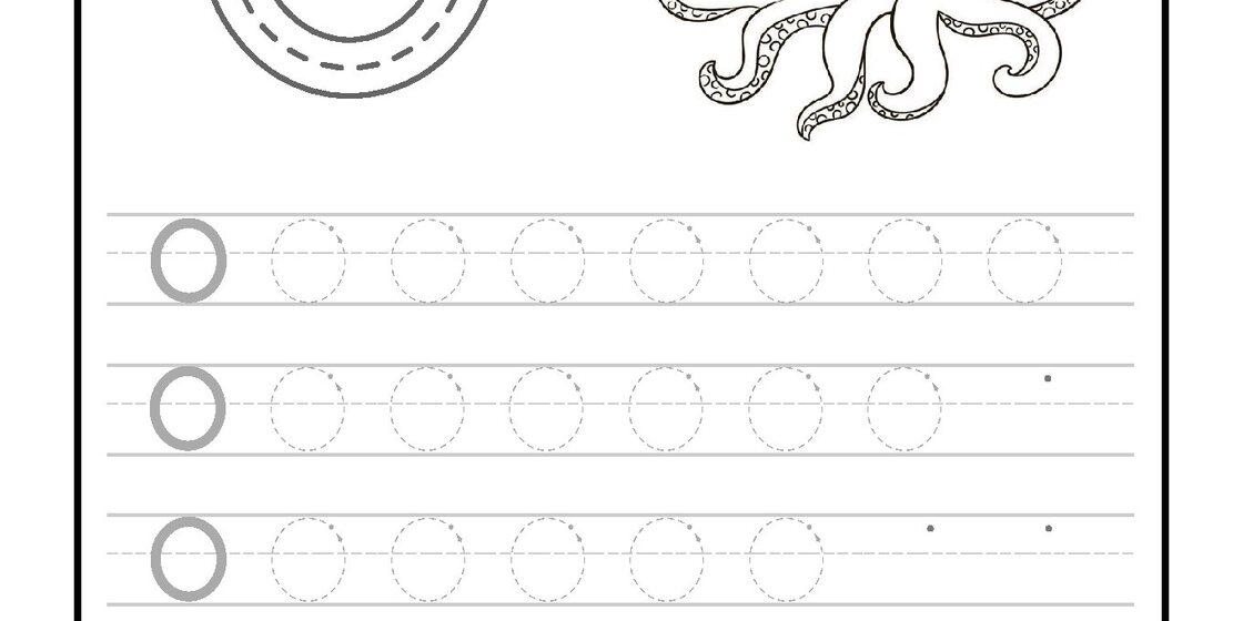 A black and white educational worksheet featuring a large uppercase letter O with tracing arrows, next to a smiling cartoon octopus. close-up