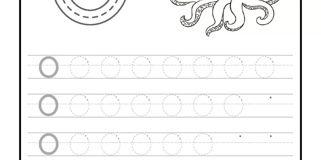 A black and white educational worksheet featuring a large uppercase letter O with tracing arrows, next to a smiling cartoon octopus. close-up