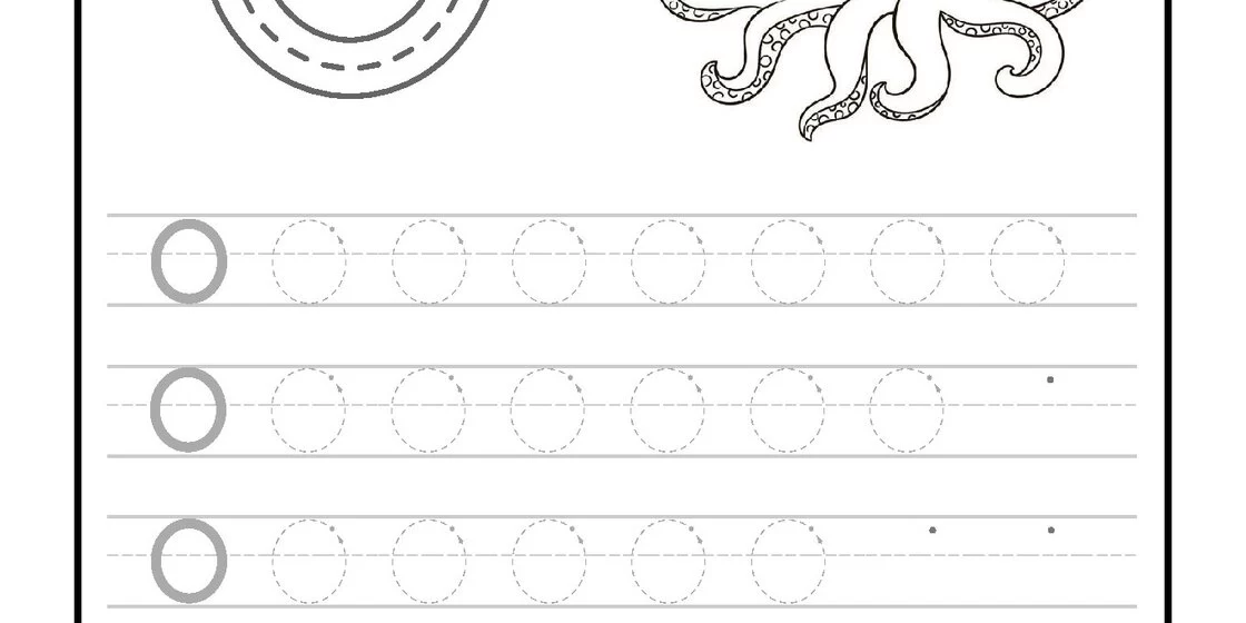 A black and white educational worksheet featuring a large uppercase letter O with tracing arrows, next to a smiling cartoon octopus. close-up