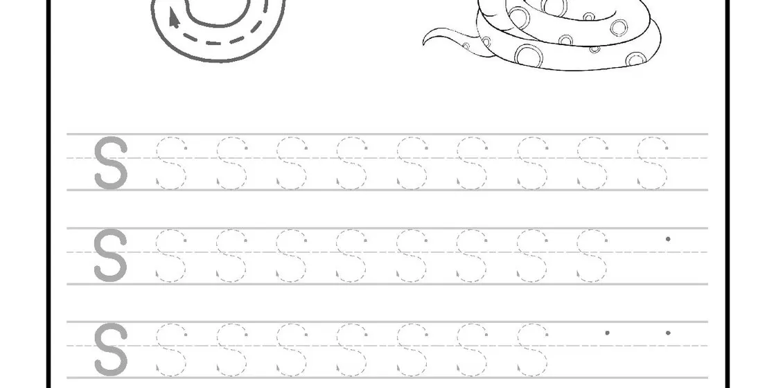 A black and white educational worksheet for tracing the uppercase letter S, featuring a large guide letter with directional arrows and a smiling cartoon snake illustration. close-up