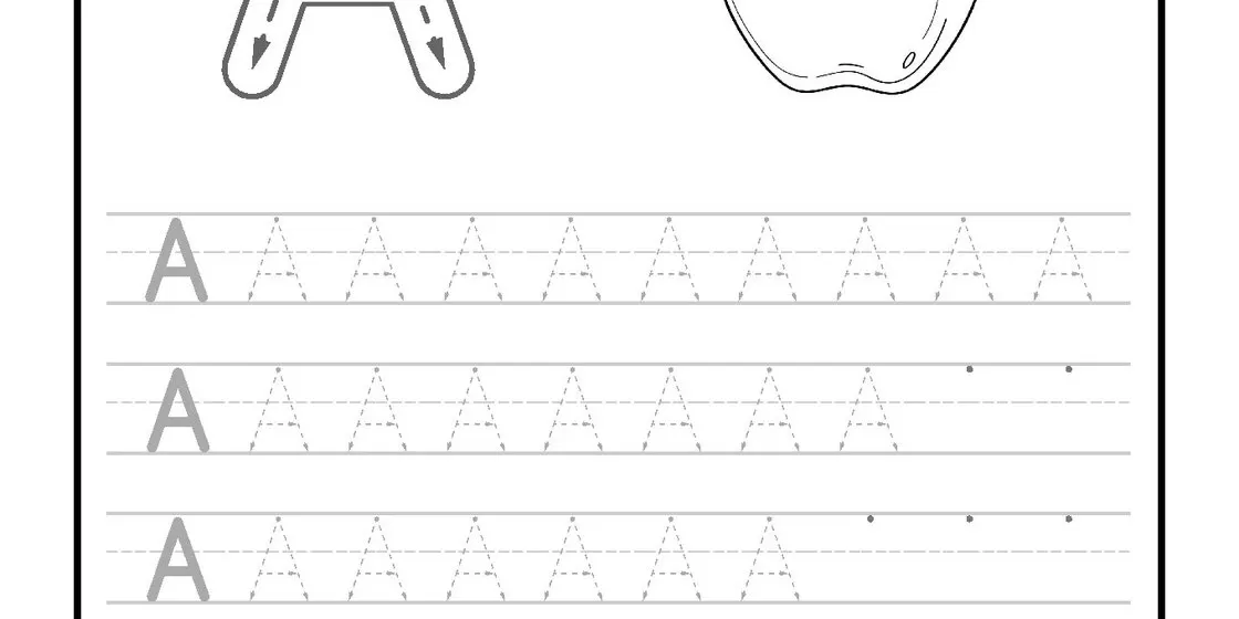 A printable worksheet for tracing the uppercase letter A, featuring a large outlined 'A' with directional arrows and a simple line drawing of an apple for coloring. close-up