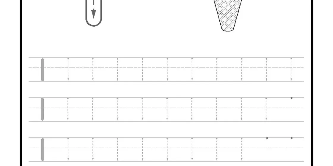 A black and white printable worksheet for tracing the uppercase letter I, featuring dotted lines and directional arrows, next to a cartoon ice cream cone with three scoops. close-up