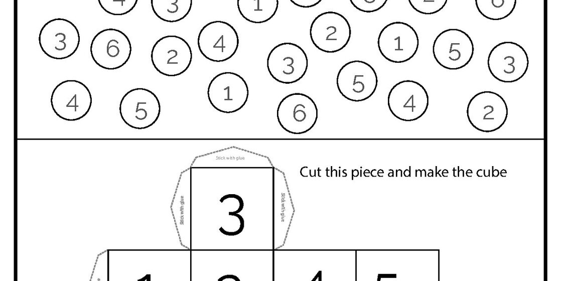 A worksheet displays a collection of circles containing numbers 1 through 6, and a net for a cube with the number 3 on one face, along with instructions to cut and assemble.