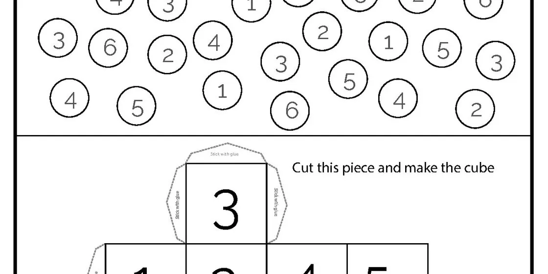 Number Dice and Cube Net Worksheet A worksheet displays a collection of circles containing numbers 1 through 6, and a net for a cube with the number 3 on one face, along with instructions to cut and assemble.