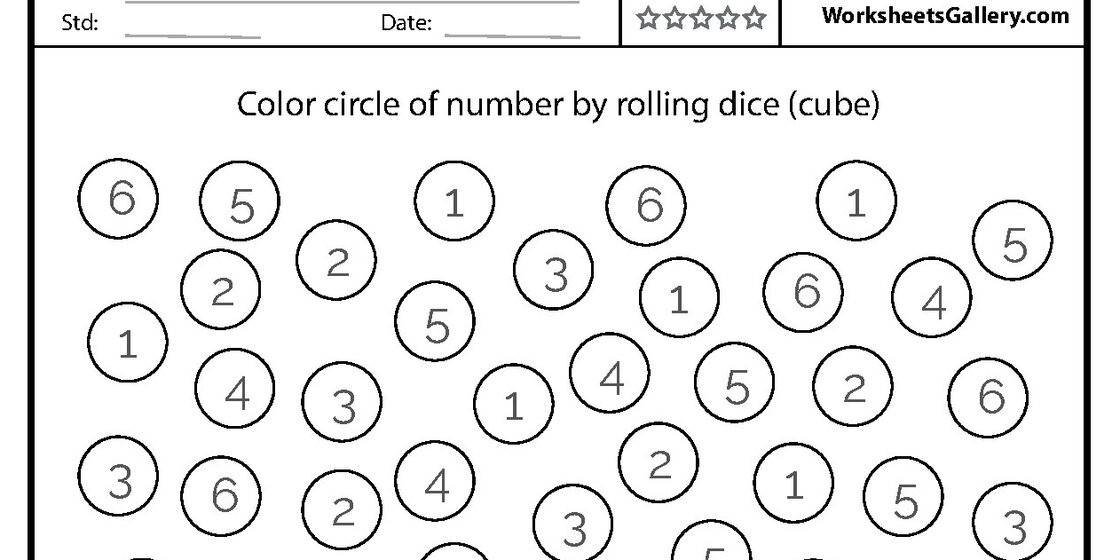 A worksheet activity featuring numerous circles filled with numbers from 1 to 6, with the instruction 'Color circle of number by rolling dice (cube)'.