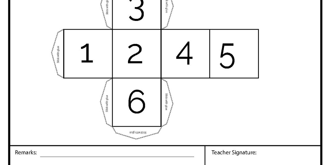 A worksheet displays a net of a cube with numbers 1 through 6 on its faces, along with dashed lines indicating where to cut and fold, and text indicating 'Stick with glue'.