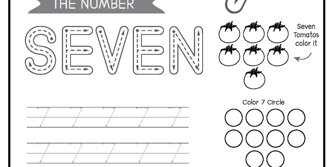 A worksheet for children learning the number seven, featuring the word 'SEVEN' in dotted letters for tracing, rows of dotted number sevens, seven tomatoes to color, and circles to count.
