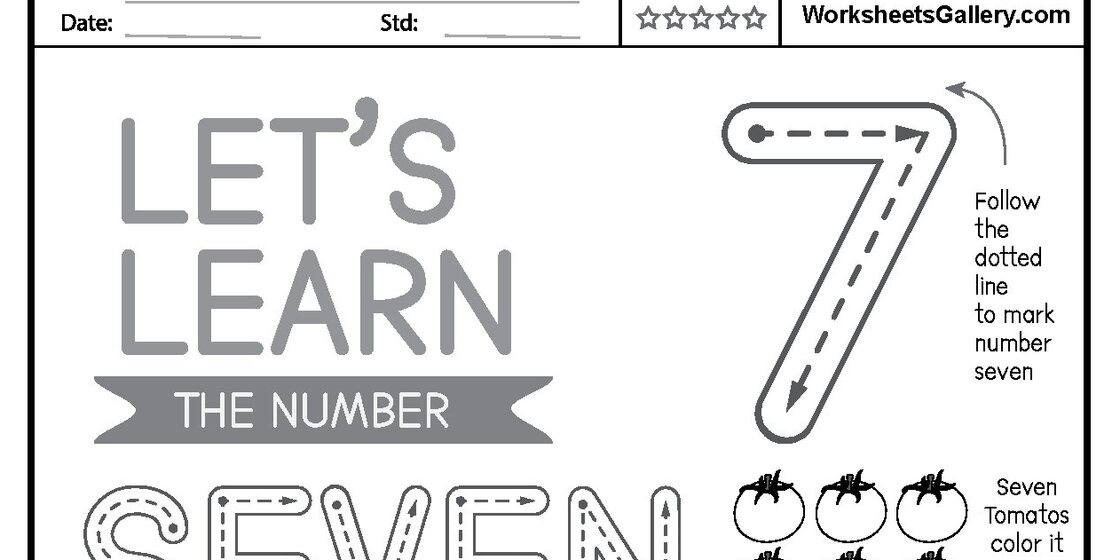 A worksheet for children learning the number seven, featuring large gray text that says 'LET'S LEARN THE NUMBER 7', a dotted outline of the numeral 7 with arrows for tracing practice, and se