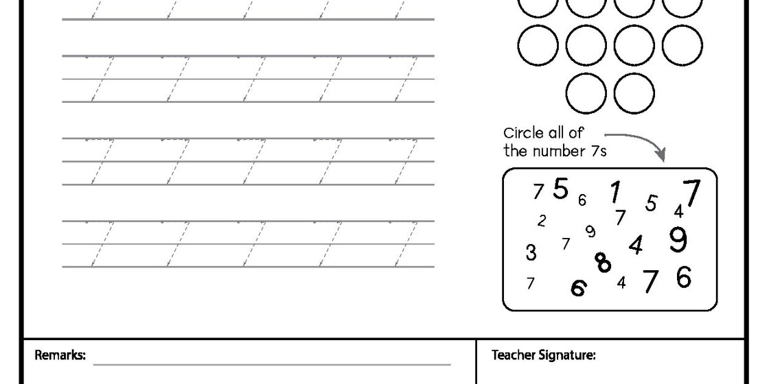 A worksheet for children featuring rows of dashed number 7s for tracing practice and a box with various numbers where they need to circle all the 7s.
