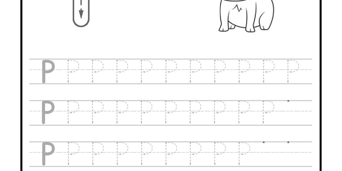 A black and white educational worksheet for tracing the uppercase letter P, featuring dotted lines and directional arrows, accompanied by a cheerful cartoon pig. close-up