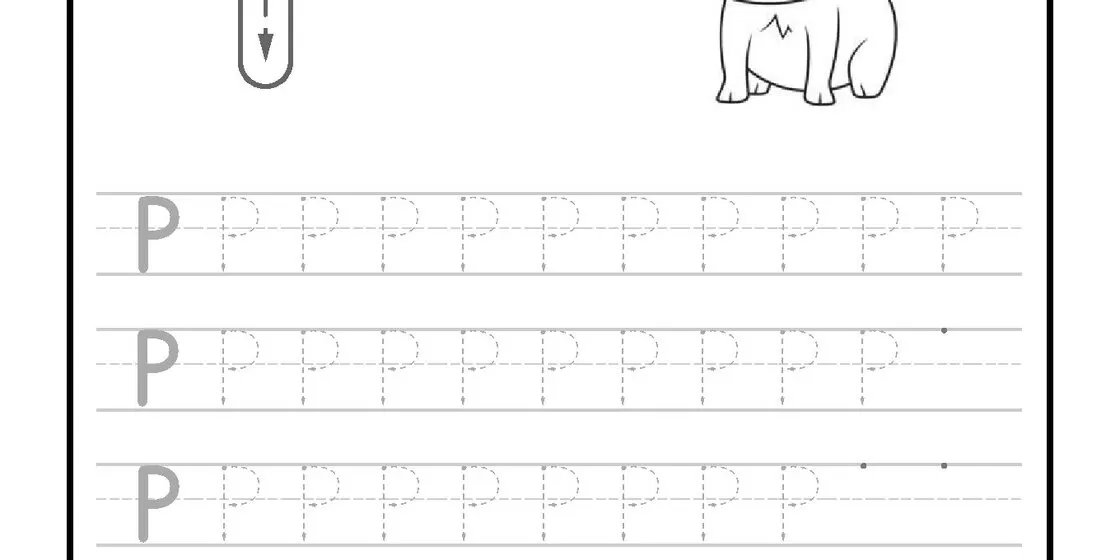 A black and white educational worksheet for tracing the uppercase letter P, featuring dotted lines and directional arrows, accompanied by a cheerful cartoon pig. close-up