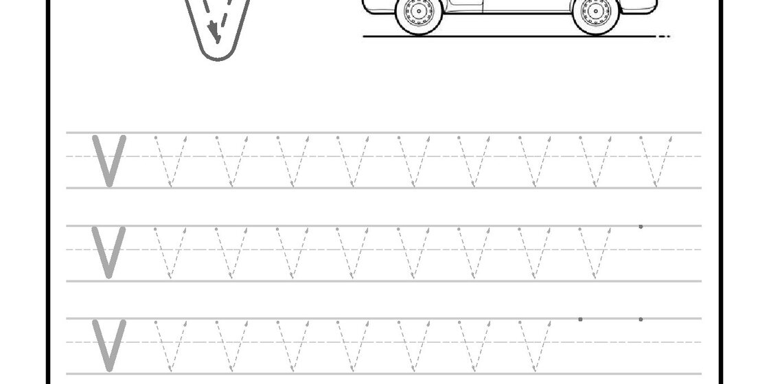 Educational worksheet for Letter V tracing featuring five rows of dotted practice letters and a large van graphic. close-up