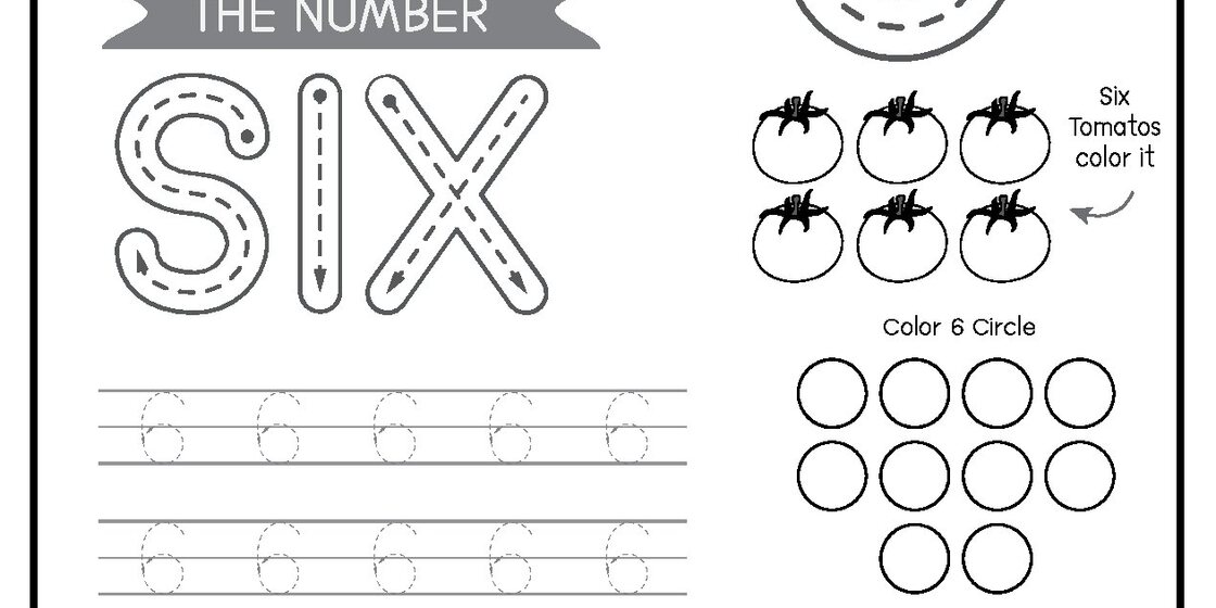 A black and white worksheet for children learning the number six, featuring the word 'SIX' in large dotted letters for tracing, rows of dotted number sixes, six tomatoes to color, and a grid