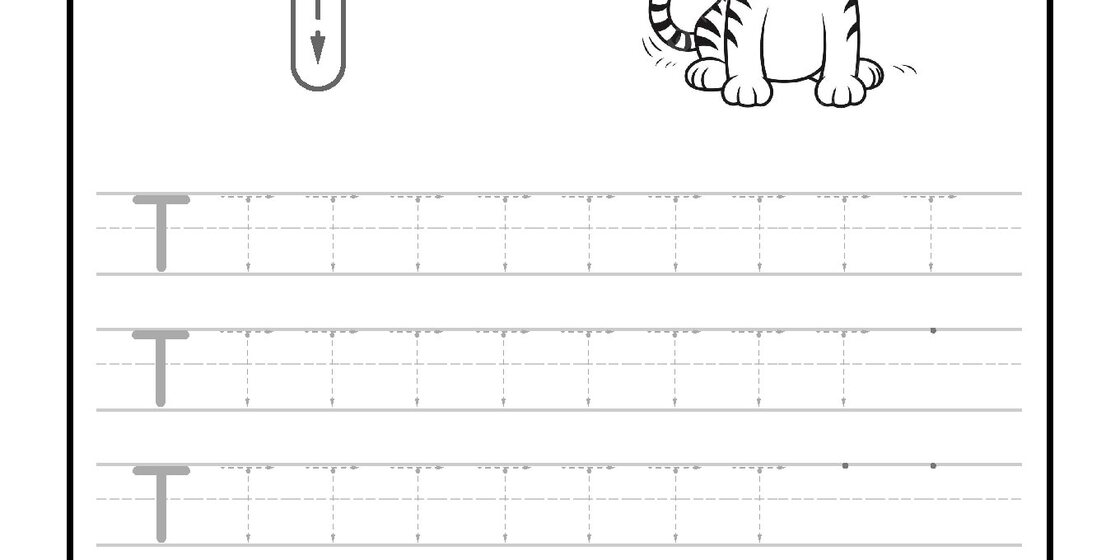 A black and white educational worksheet for tracing the uppercase Letter T, featuring a large guide letter with directional arrows and a smiling cartoon tiger illustration. close-up