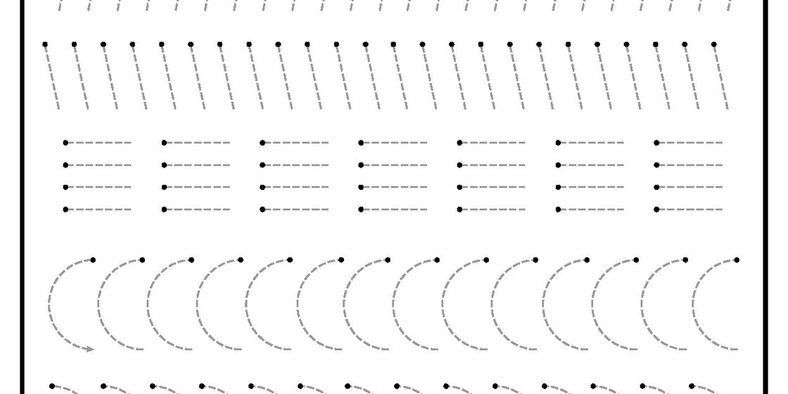 A worksheet with multiple rows of dotted lines and curves for tracing practice, including diagonal lines, horizontal lines, and curved shapes.