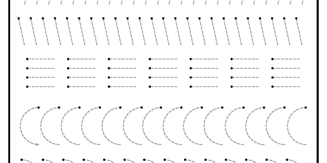 Tracing Practice Worksheet A worksheet with multiple rows of dotted lines and curves for tracing practice, including diagonal lines, horizontal lines, and curved shapes.